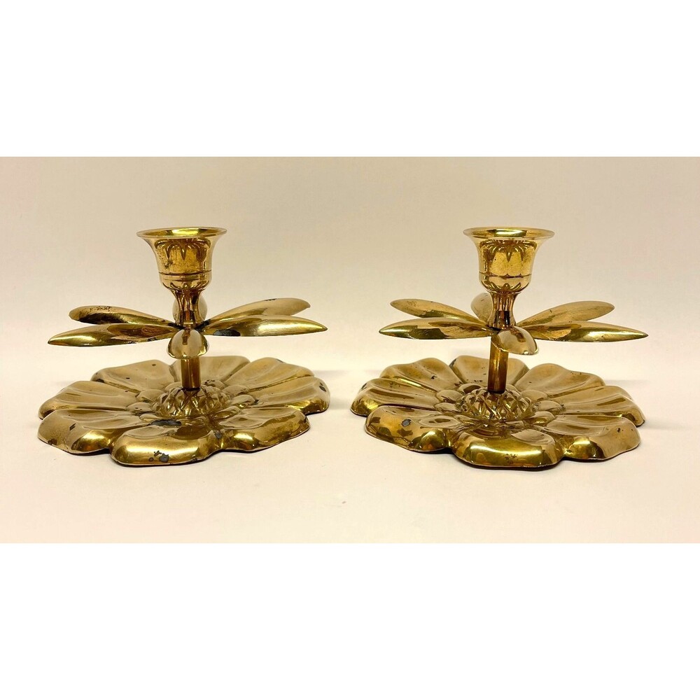 Vintage Brass Lotus Flower Taper Candlestick Holders Pair 3” Gold Boho MCM Gold